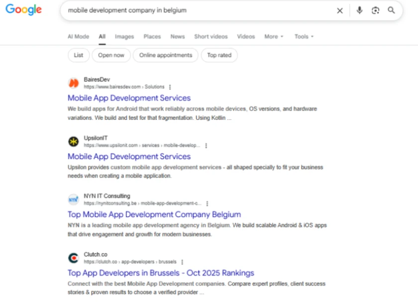 Website development company in Belgium SERP results
